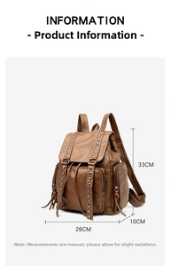 Detailed dimensions of brown rivet backpack with size markings 33cm height and 26cm width