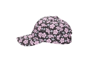 Side view of black baseball cap with vibrant pink and blue floral hibiscus prints