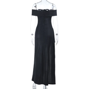 Detail view of the back of a black off-shoulder glitter evening dress with an open slit