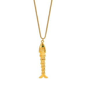 Exquisite gold koi fish pendant necklace with green gemstone eyes on elegant box chain