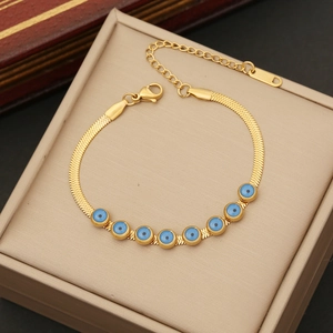 Gold evil eye charm snake chain necklace for women with blue beads and lobster clasp