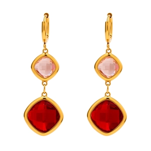 Geometric gold drop earrings with pink and red square glass stones in a modern tiered style