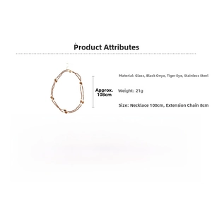 Detail view of multi-layer tiger eye stone necklace with technical specs and dimensions