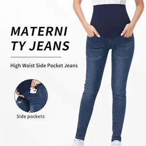 High-waisted maternity jeans in dark blue with side pockets and belly support band