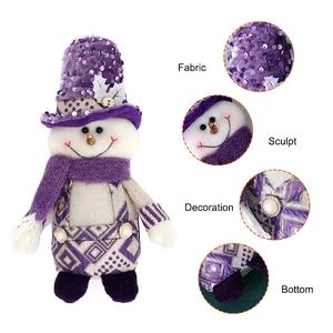 Purple sequined Christmas snowman doll with glitter hat and knit scarf for holiday decor