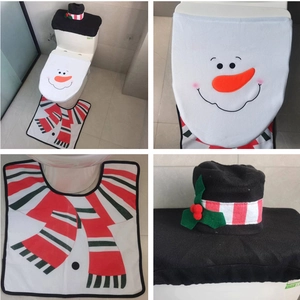 Detailed views of a 3-piece Christmas snowman toilet cover set including mat and tissue box