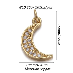 Detailed specs of gold crescent moon pendant with CZ stones showing 15x10mm size