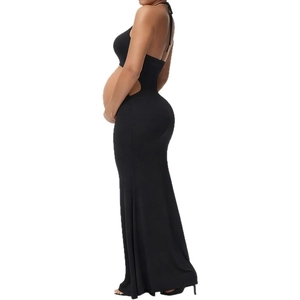 Elegant black maternity long dress with halter neck and side waist cut-out design