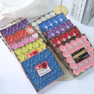 Colorful heart and round smokeless tea light candles in bulk 50-pack sets for romantic events