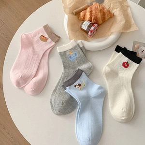 Women's 2025 summer cotton socks set featuring cute animal embroidery and color blocking