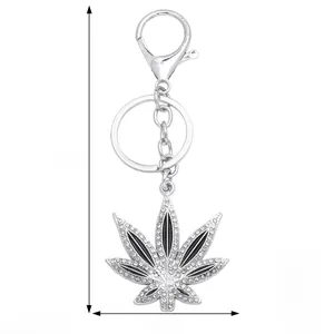 Silver maple leaf keychain dimensions showing 115mm length and 45mm width with rhinestones