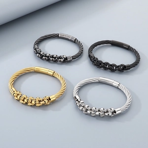 Retro stainless steel wire cable skull bracelets available in gold silver black and gunmetal