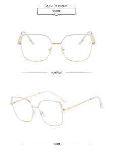 Front and side view of geometric cat-eye metal glasses frame in white and gold color