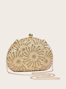 Elegant gold sequin shell clutch bag for parties featuring a spiral pattern and chain strap
