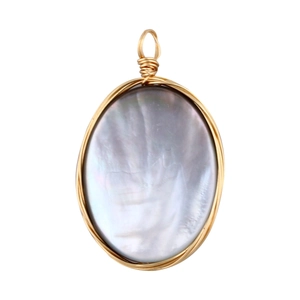 Macro detail of oval gray abalone shell pendant wrapped in gold plated copper wire
