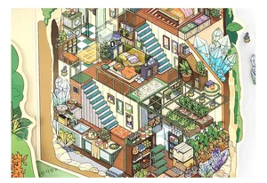 Detail of isometric 2.5D dollhouse stickers featuring a cozy miniature indoor scene