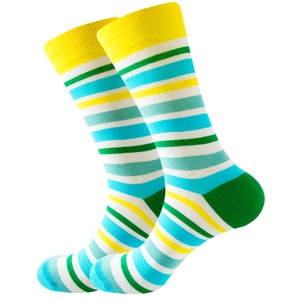 Classic striped crew socks featuring yellow, teal and green patterns on white background