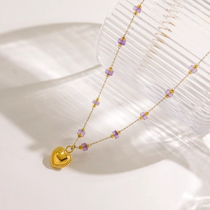 Elegant gold heart pendant necklace with purple amethyst cubic beads on fine chain