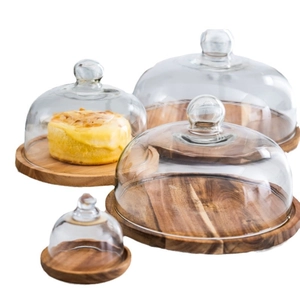 Rotating wooden cake display stand with clear glass dome cover in four various sizes