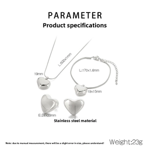 Detailed dimensions of silver stainless steel heart necklace and bracelet jewelry set