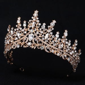 Luxury gold princess crown with full diamond inlay and shimmering crystal water drops