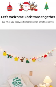 Close-up of festive felt garland and Merry Christmas pillow for holiday home decoration