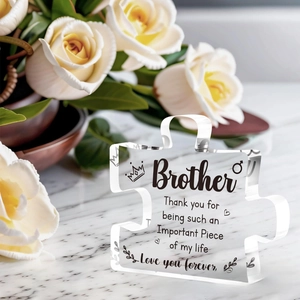 Macro detail of puzzle-shaped acrylic plaque with marble texture for brother gift