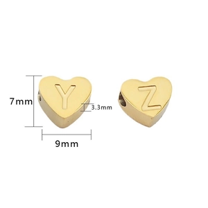Golden heart-shaped stainless steel beads with engraved letters Y and Z for necklaces