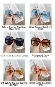 Collage of square oversized sunglasses in six trendy colors with protective cases