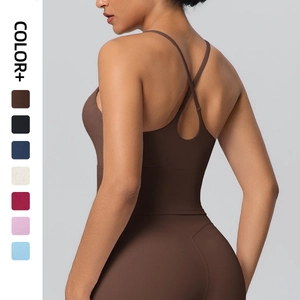 Soutien-gorge de Sport en Nylon Couleur Unie Dos Croisé Ajusté Respirant Débardeur de Yoga pour Fitness Course Top