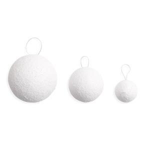 Set of three white snowballs in different sizes with silver hanging ropes for decor