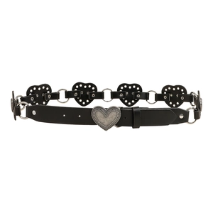 Western retro black leather belt with large textured silver heart buckle and metal eyelets