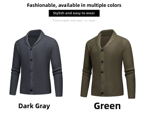 Detailed close-up showing the ribbed texture and buttons of dark grey and green cardigans