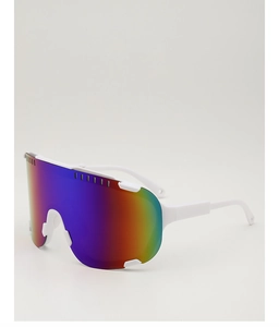 Macro detail of white cycling sunglasses with polarized rainbow lens and wrap frame