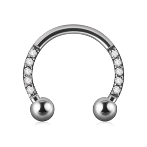 U-shaped silver surgical steel piercing ring with sparkling white zircon gemstones