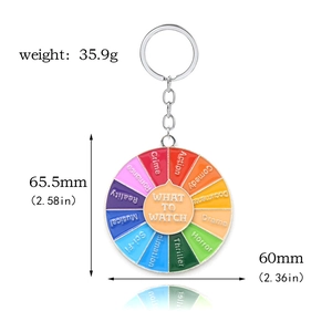 Detail view of rainbow rotary movie picker keychain showing 60mm diameter and 35.9g weight