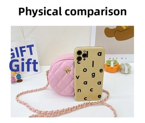 Detailed comparison of pink mini round quilted crossbody bag next to a smartphone