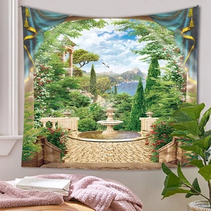 Detail of forest landscape wall tapestry featuring European fountain and scenic ocean view