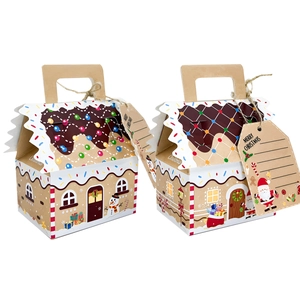 Detail of kraft paper Christmas gingerbread house gift box with tags and festive patterns
