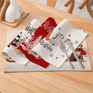 Christmas cat print linen placemats for festive holiday dining table decoration