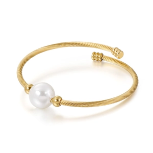 Bracelet Jonc Ouvert En Acier Inoxydable Avec Grande Künstliche Perle De Coquillage Fil De Câble Torsadé Bijoux Pour Femmes
