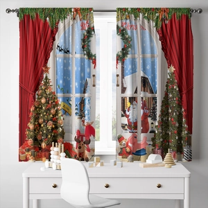 Detailed Christmas themed 3D curtains with reindeer, Santa, and snowy scene for kids rooms