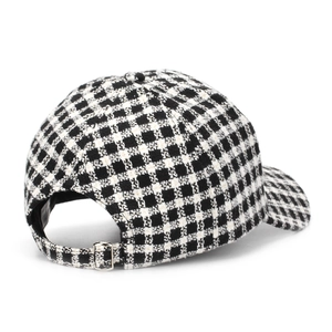 Plaid wool baseball cap for women with black and white houndstooth pattern and metal buckle