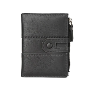 Short black PU leather men's wallet with snap closure and side zipper pocket