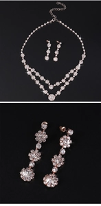 Detail of rose gold floral necklace set with sparkling rhinestones and matching earrings