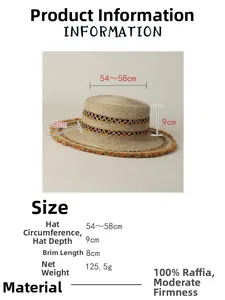 Specifiche dettagliate del cappello in paglia rafia boho con fascia etnica a frange