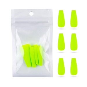 Neon yellow matte coffin press-on nails set with transparent plastic bag packaging