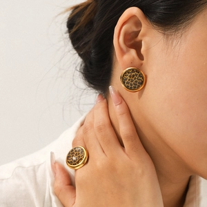 Geometric Leopard Print Jewelry Set Stainless Steel 18K Gold Plated Earrings And Ring Vintage Luxury Accessory For Women