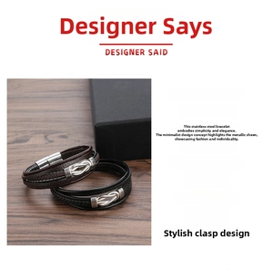 Detail of multi-layer braided leather bracelets with stainless steel infinity symbol