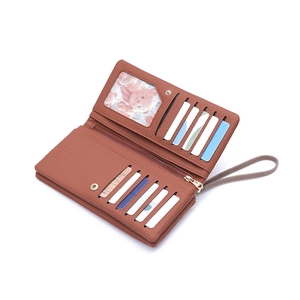 Brown litchi grain long wallet with double zipper and multi-card slots for women